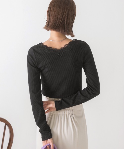 ad thie（アドティエ） tシャツ Vネック レース テレコ ロングTシャツ