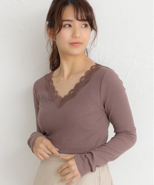 美品 theory レースVネックカットソー VネックレーステレコロングTシャツ カットソー レース[品番