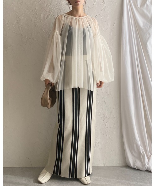 ハイウエスト スリム ストライプロングスカート She's Closet スカート 前後2WAYストライプスリット入りハイ