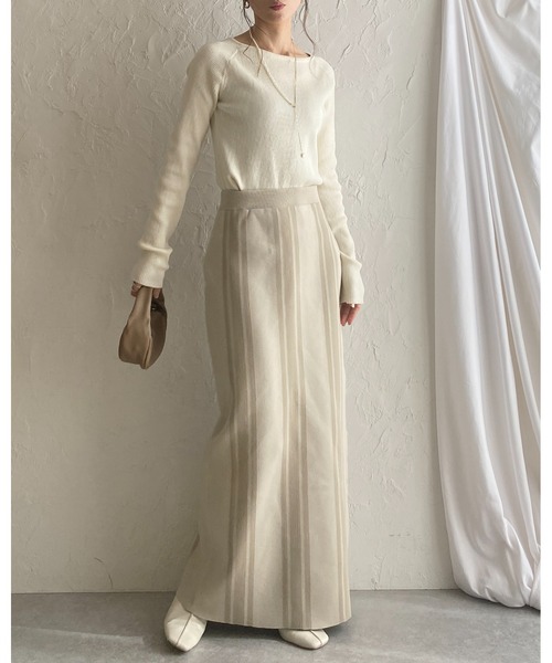 ハイウエスト スリム ストライプロングスカート She's Closet スカート 前後2WAYストライプスリット入りハイ