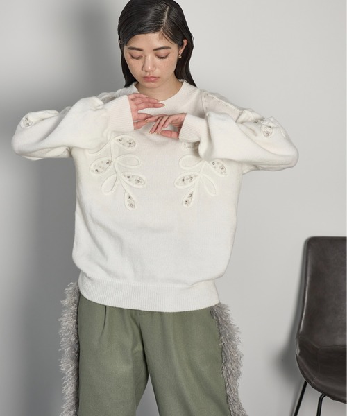 エミコウエサコ　黒　ブルゾン　40 M 犬刺繍 セーター レディース THE Yon ニット セーター コード刺繍パールデコラティブニットプル