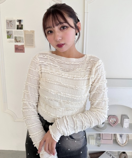 ネイビー レースフリル Tシャツ レース切替フラワー刺繍フリル袖Tシャツ(90~150cm)(90cm