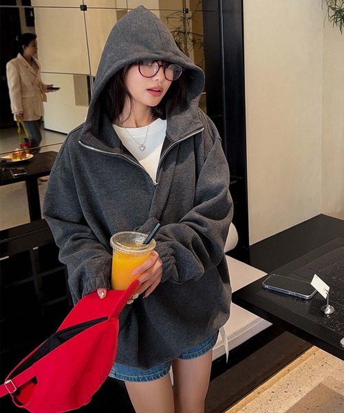 aimoha（アイモハ） パーカー バッグ付きハーフジップパーカー