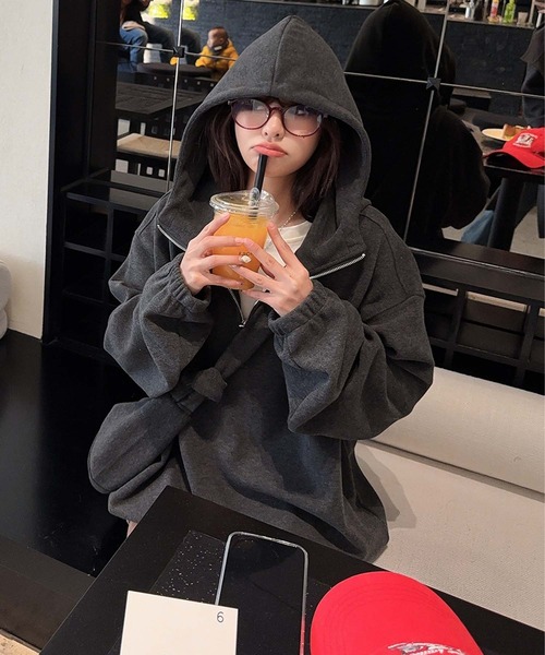 aimoha（アイモハ） パーカー バッグ付きハーフジップパーカー