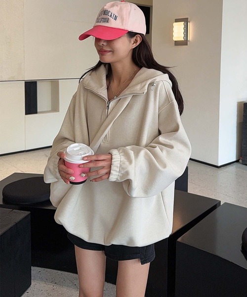 アイモハ（aimoha）/バッグ付き大きめフードハーフジップパーカー aimoha（アイモハ） パーカー バッグ付きハーフジップパーカー