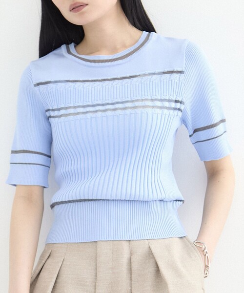 ニット セーター ランダムラインリブニット｜ウォッシャブル/半袖/夏服/サマーニット/オフィスカジュアル レディース UNITED TOKYO ニット セーター ランダムラインリブニット