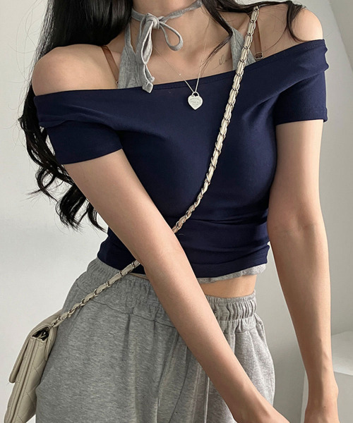 タンクトップ ノースリーブ バックリボン ホルターネックタンク