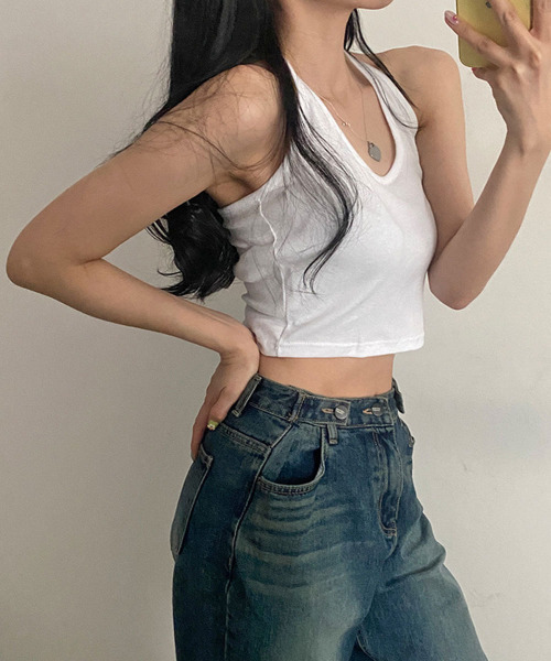 タンクトップ ノースリーブ バックリボン ホルターネックタンク