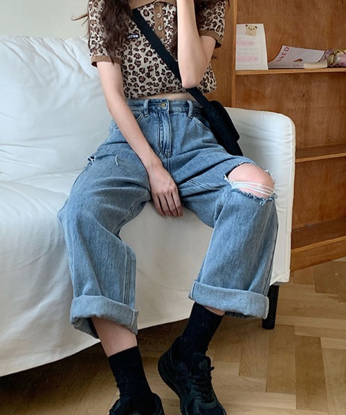 「meJane」 ダメージ加工デニムパンツ M ブルー レディース
