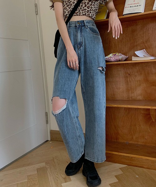 「meJane」 ダメージ加工デニムパンツ M ブルー レディース
