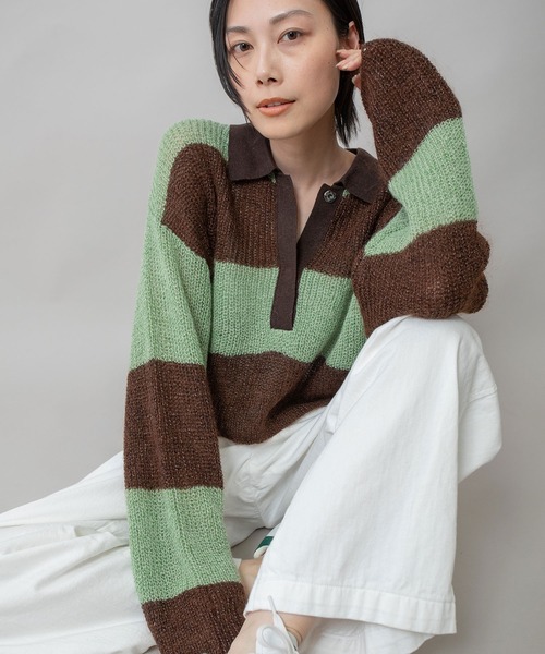 Munich（ミューニック） tシャツ 5GG片畦編みモヘアニットボーダーポロ