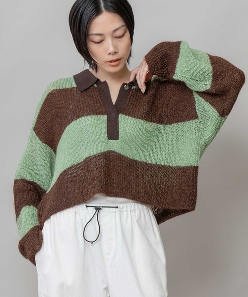 Munich（ミューニック） tシャツ 5GG片畦編みモヘアニットボーダーポロ