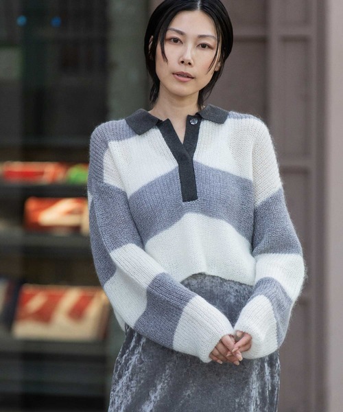 Munich（ミューニック） tシャツ 5GG片畦編みモヘアニットボーダーポロ