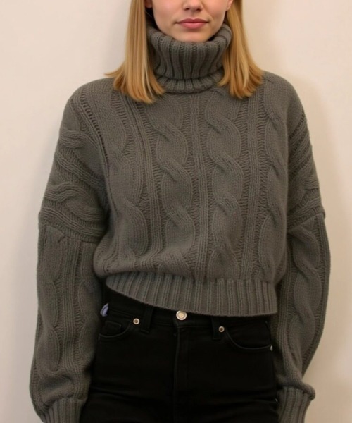 グレー ケーブルニット ハイネックセーター cammie ニット セーター ハイネックケーブルニットトップス レディース