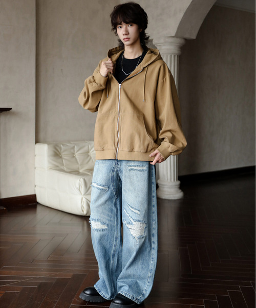 希少 ニューエラ デニム調 ヴィンテージ加工 ジップパーカー Lサイズ 美品 NEOS（KOKUYO） パーカー 「neos」ルーズシルエット ヴィンテージ
