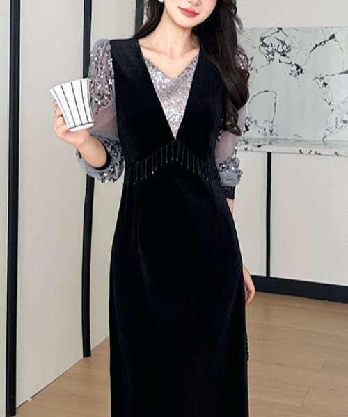 未使用級✨フォクシー ベロアワンピース オーガンジー袖 パールボタン ブラック Diosfront ワンピース 異素材ドッキングスパンコールベロアワンピース