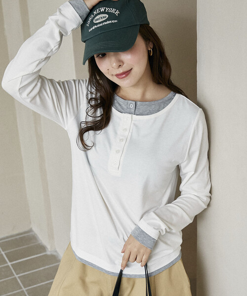PUBLUX（パブリュクス） tシャツ ヘンリーネック レイヤード ロンT