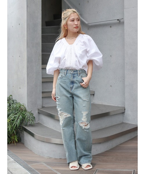 新品　Ungrid ウエストクロスデザインデニムパンツ ワイド ストレート24 Ungrid（アングリッド） ワイドパンツ ジーンズ デニム デニムパンツ