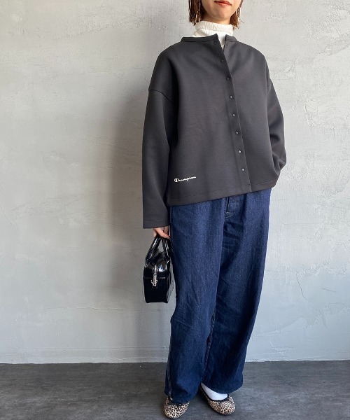 Champion ボタン付き スナップ カーディガン オリーブグリーン/ネイビー Champion チャンピオン 90s スナップ ボタン 背面 ロゴ刺繍