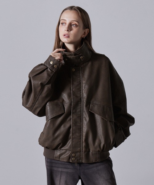 【CLEL】ヴィンテージデザイン合皮ブルゾン チャコールグレー CLEL ブルゾン アウター 「CLEL」Vintage Design Blouson
