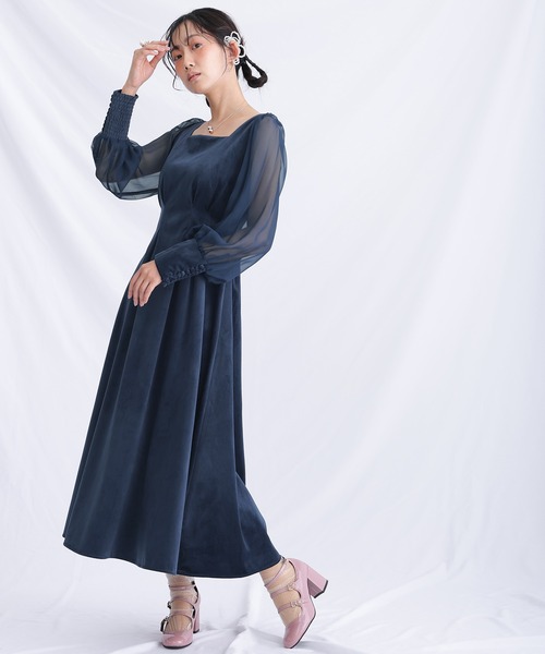 atlo ドレス 結婚式 パーティードレス スクエアネックミモレ丈