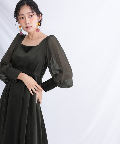 atlo ドレス 結婚式 パーティードレス スクエアネックミモレ丈