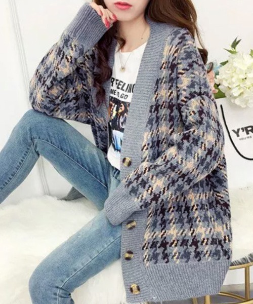 STELLAVIANA ショート丈 カーディガン 千鳥柄 ショート丈カーディガン レディース 長袖 カーディガン Vネック