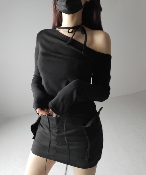 最安値！ネックリボンワンショルダーTシャツ me+em select（ミームセレクト） tシャツ 「 2WAY 」ストラップ
