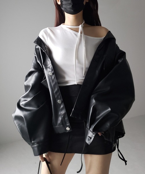 サイドシアーデザインチョーカーワンショルダー七分袖 me+em select（ミームセレクト） tシャツ 「 2WAY 」ストラップ