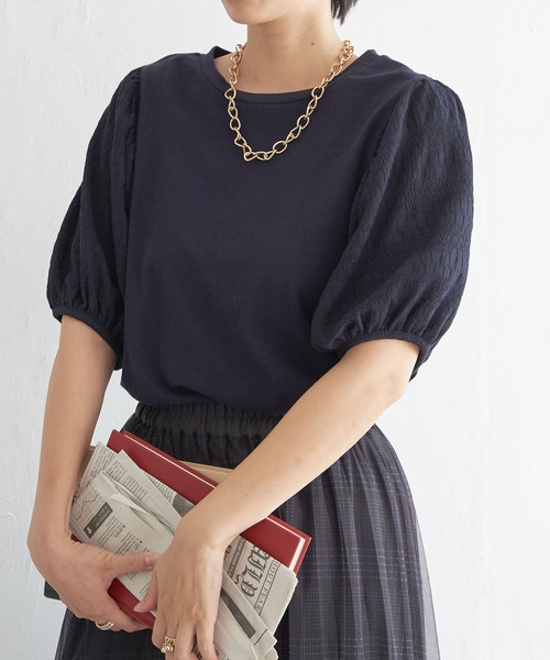 ikka tシャツ 袖フクレ切り替え半袖プルオーバー レディース