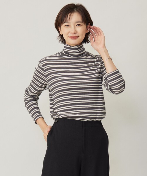 tシャツ カシミヤシルクリブタートル ボーダー カットソー レディース