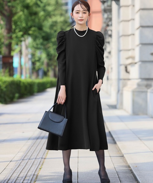 Flolia ワンピース 「喪服・礼服」ギャザーショルダーロングフレア