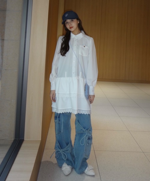 ワンピース lace skirt shirt onepiece／長袖シャツワンピース