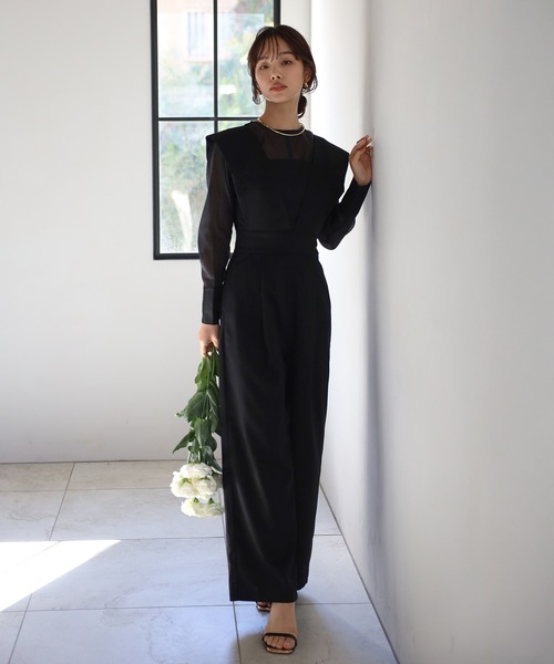 ENC サロペット オーバーオール sheer blouse × deep V neck tuck
