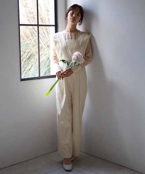 ENC サロペット オーバーオール sheer blouse × deep V neck tuck