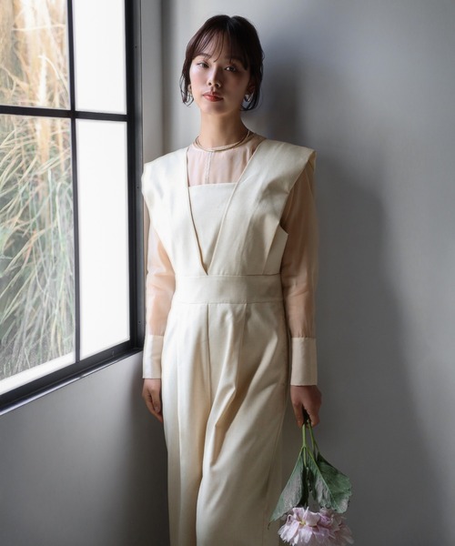 ENC サロペット オーバーオール sheer blouse × deep V neck tuck