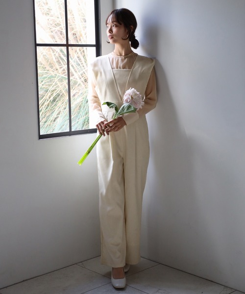 ENC サロペット オーバーオール sheer blouse × deep V neck tuck
