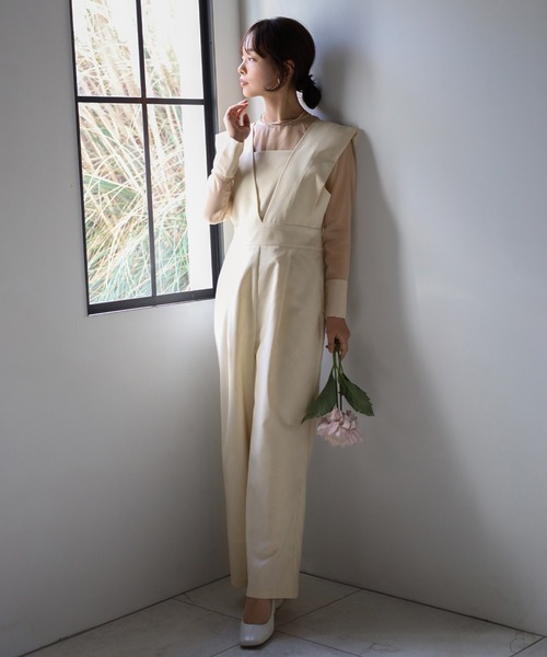 美品 MACHATT マチャット タックネックオールインワン サロペット 白 ENC サロペット オーバーオール sheer blouse × deep V neck tuck