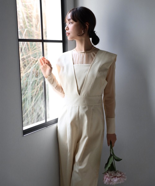 ENC サロペット オーバーオール sheer blouse × deep V neck tuck