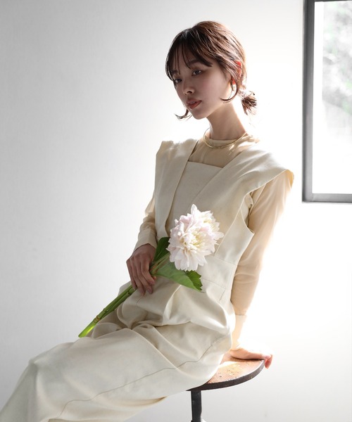 ENC サロペット オーバーオール sheer blouse × deep V neck tuck