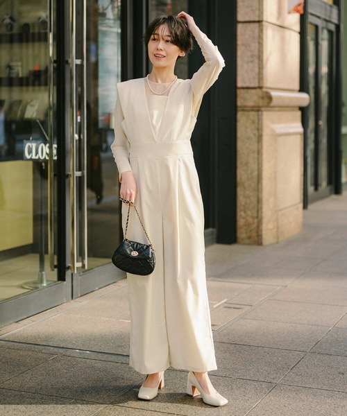 ENC サロペット オーバーオール sheer blouse × deep V neck tuck