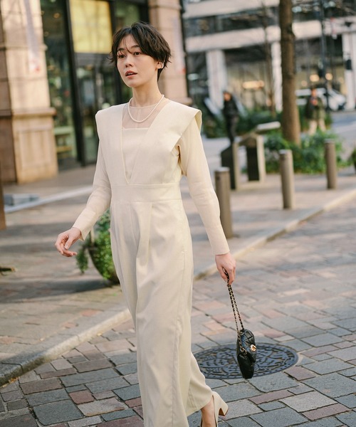 ENC サロペット オーバーオール sheer blouse × deep V neck tuck