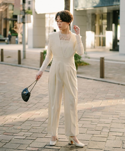 ENC サロペット オーバーオール sheer blouse × deep V neck tuck