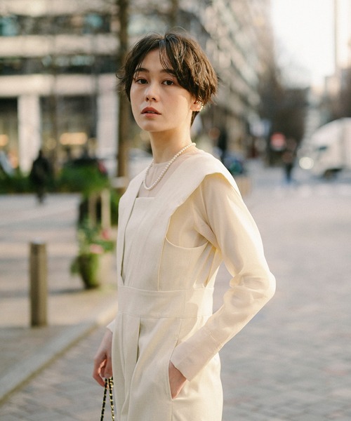 ENC サロペット オーバーオール sheer blouse × deep V neck tuck