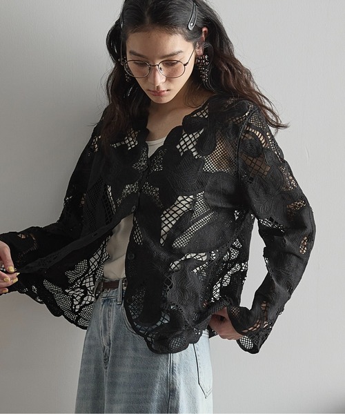 THE Yon ブラウス シャツ レーシーシアーカーデブラウス