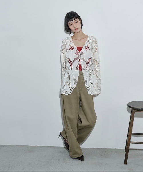 THE Yon ブラウス シャツ レーシーシアーカーデブラウス レディース