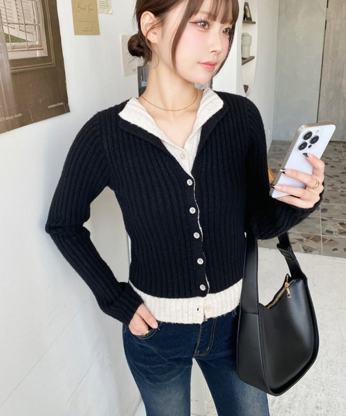 セブンテン ニットレイヤード スタイルカーディガン サイズ M moment+