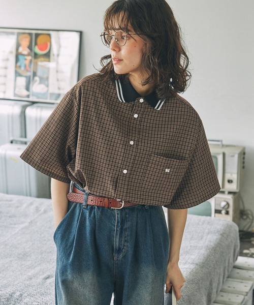 ブラウス シャツ 夏 半袖 ナンバリング刺繍 衿リブ ラインデザイン