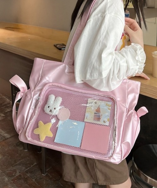 うさ耳猫ちゃん　リボン柄デニム　ミニ巾着　トートバッグ くすみピンク　フリル miniministore（ミニミニストア） トートバッグ 痛バッグ 大人可愛い