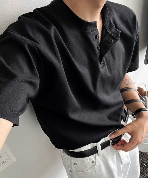 COSYHARU tシャツ ヘンリーネックポンチ半袖Tシャツ メンズ